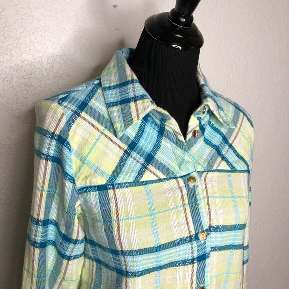 Soft Surroundings white blue yellow plaid flannel button down top size Small - Picture 2 of 15